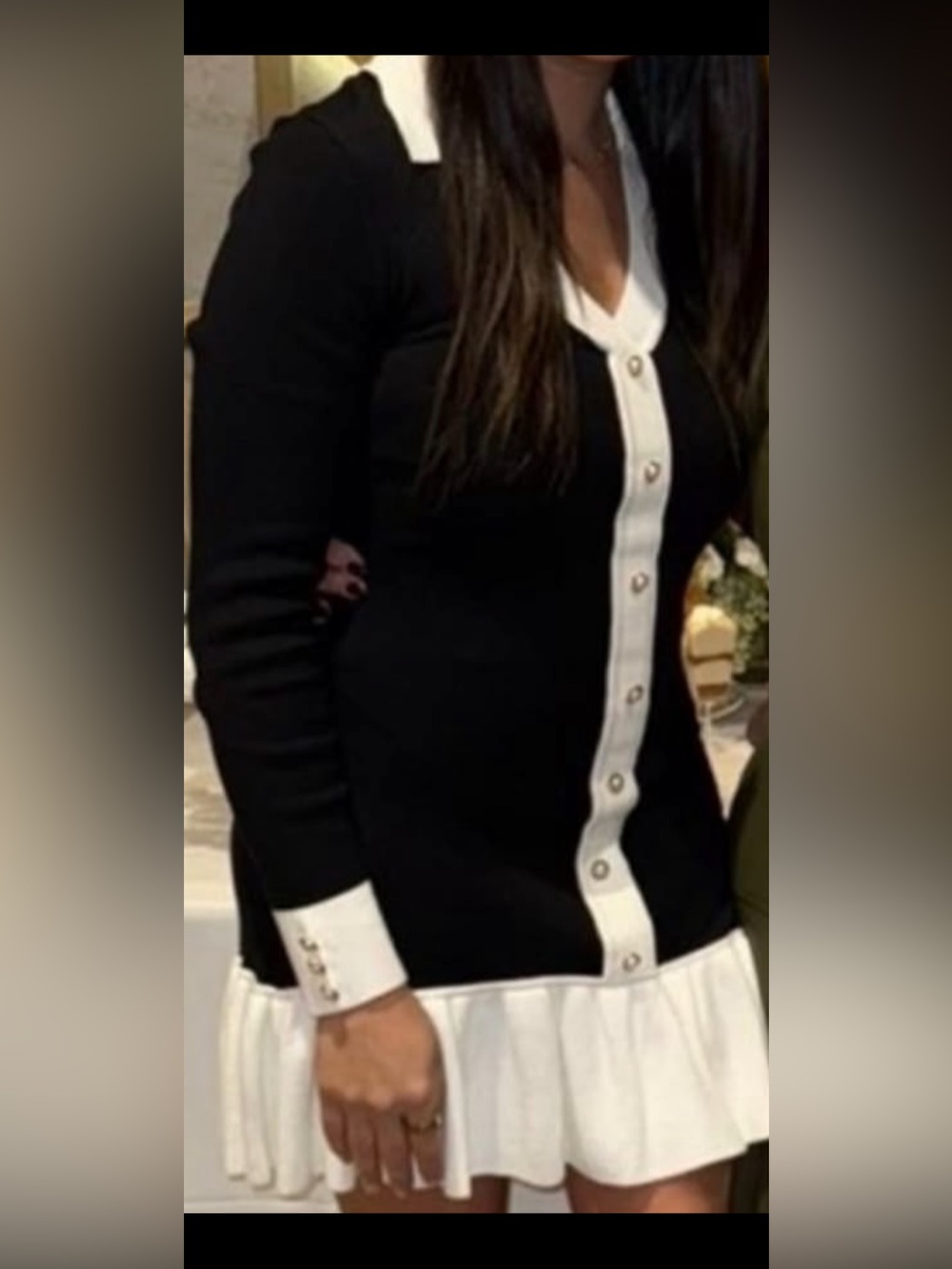 Black and White Contrast Long-Sleeve Button Dress